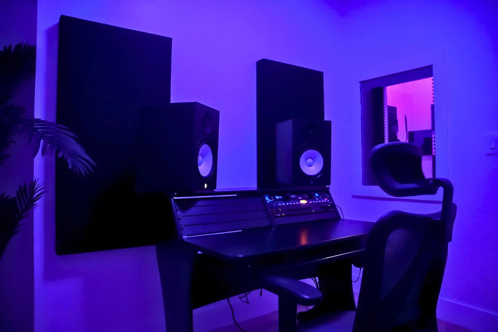 A purple theme room with music equipments