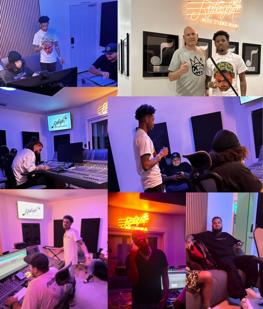 A collage of people in a room with various equipment.